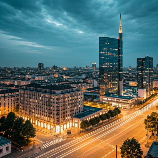 Veduta aerea del distretto finanziario di Milano al crepuscolo